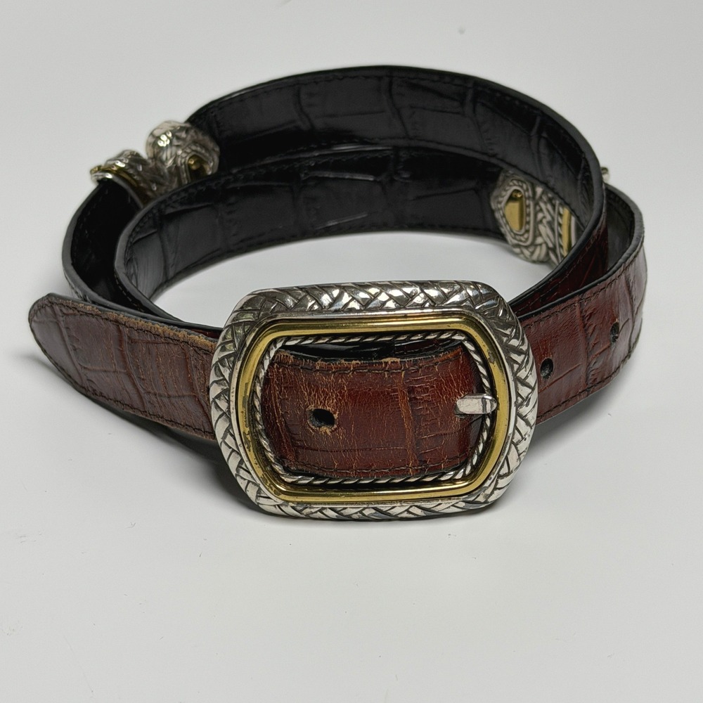 Brighton Reversible Brown Black Crocodile Embossed Leather Belt 32 Silver Gold